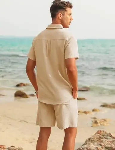LecGee Linen Sets For Men Button Down Cuban Guayabera Shirt Shorts Set 2 Piece Linen Outfits - LECGEE (1)