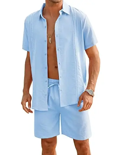 LecGee Linen Sets For Men Button Down Cuban Guayabera Shirt Shorts Set 2 Piece Linen Outfits - LECGEE