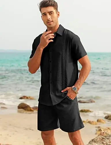 LecGee Linen Sets For Men Button Down Cuban Guayabera Shirt Shorts Set 2 Piece Linen Outfits - 2