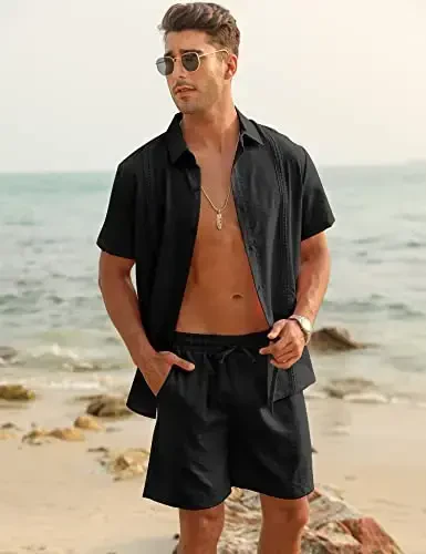 LecGee Льняные комплекты для мужчин, рубашка на пуговицах в кубинском стиле гуаябера, шорты, льняной костюм из 2 предметов. - 4