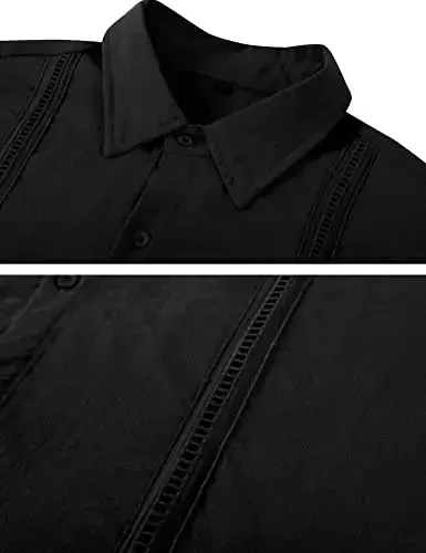 LecGee Льняные комплекты для мужчин, рубашка на пуговицах в кубинском стиле гуаябера, шорты, льняной костюм из 2 предметов. - 6