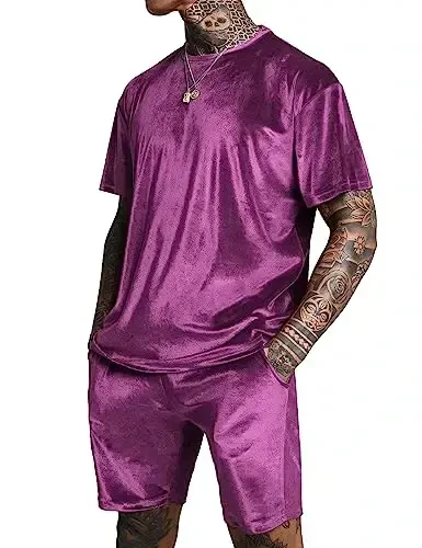 LecGee Men Summer Casual Sets Velour Short Sleeve Crewneck Shirt Pullover Elastic Waist Shorts 2 Piece Outfits Tracksuit - 1