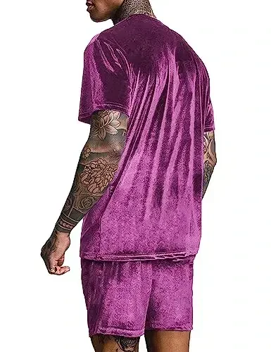 LecGee Men Summer Casual Sets Velour Short Sleeve Crewneck Shirt Pullover Elastic Waist Shorts 2 Piece Outfits Tracksuit - 2