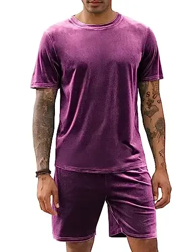 LecGee Men Summer Casual Sets Velour Short Sleeve Crewneck Shirt Pullover Elastic Waist Shorts 2 Piece Outfits Tracksuit - 3
