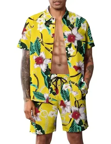 LecGee Men Summer Casual Short Sets Solid Short Sleeve Pocket Button Down Shirt Elastic Shorts 2 Piece Outfits Tracksuit - 1