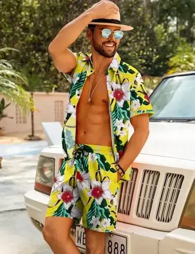 LecGee Men Summer Casual Short Sets Solid Short Sleeve Pocket Button Down Shirt Elastic Shorts 2 Piece Outfits Tracksuit - 2