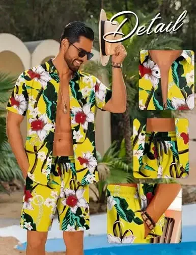 LecGee Men Summer Casual Short Sets Solid Short Sleeve Pocket Button Down Shirt Elastic Shorts 2 Piece Outfits Tracksuit - 3