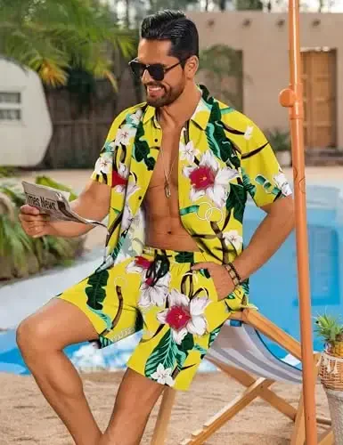 LecGee Men Summer Casual Short Sets Solid Short Sleeve Pocket Button Down Shirt Elastic Shorts 2 Piece Outfits Tracksuit - 5