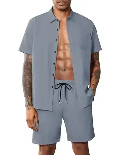 LecGee Men Summer Casual Short Sets Solid Short Sleeve Pocket Button Down Shirt Elastic Shorts 2 Piece Outfits Tracksuit - MODAZONE