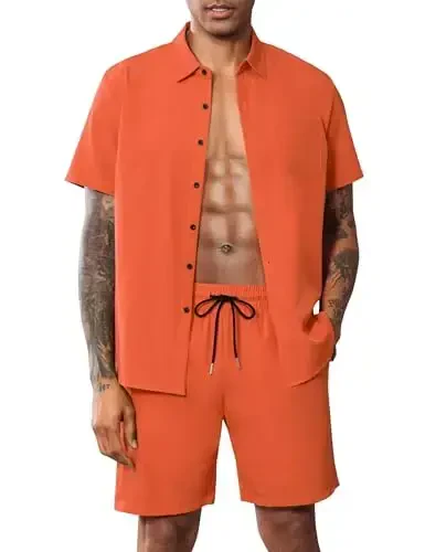 LecGee Men Summer Casual Short Sets Solid Short Sleeve Pocket Button Down Shirt Elastic Shorts 2 Piece Outfits Tracksuit 