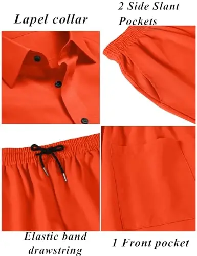 LecGee Men Summer Casual Short Sets Solid Short Sleeve Pocket Button Down Shirt Elastic Shorts 2 Piece Outfits Tracksuit - 5