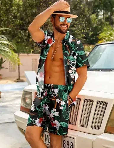 LecGee Men Summer Casual Short Sets Solid Short Sleeve Pocket Button Down Shirt Elastic Shorts 2 Piece Outfits Tracksuit - 2