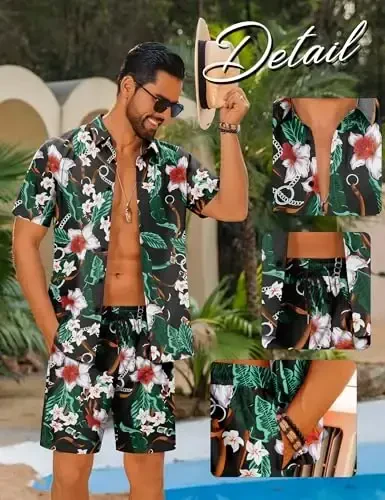 LecGee Men Summer Casual Short Sets Solid Short Sleeve Pocket Button Down Shirt Elastic Shorts 2 Piece Outfits Tracksuit - 3