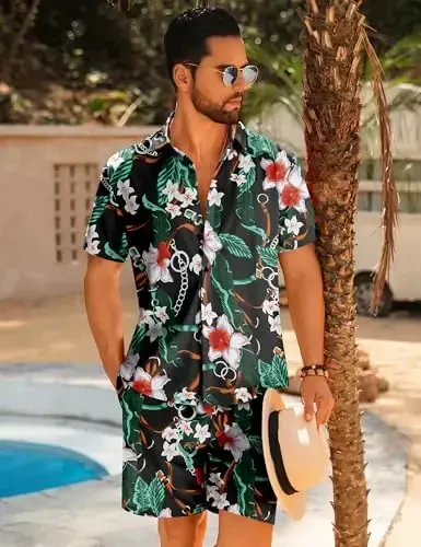 LecGee Men Summer Casual Short Sets Solid Short Sleeve Pocket Button Down Shirt Elastic Shorts 2 Piece Outfits Tracksuit - 4