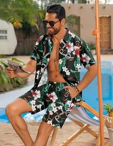 LecGee Men Summer Casual Short Sets Solid Short Sleeve Pocket Button Down Shirt Elastic Shorts 2 Piece Outfits Tracksuit - 5