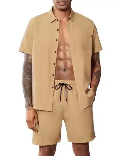 LecGee Men Summer Casual Short Sets Solid Short Sleeve Pocket Button Down Shirt Elastic Shorts 2 Piece Outfits Tracksuit - 1