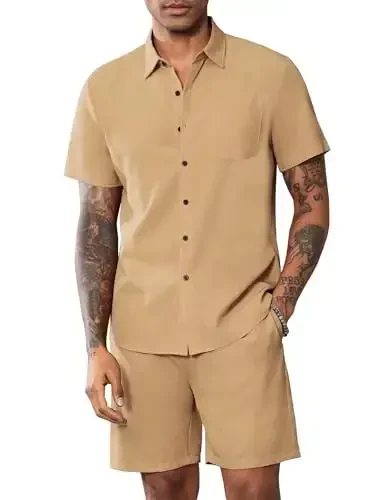 LecGee Men Summer Casual Short Sets Solid Short Sleeve Pocket Button Down Shirt Elastic Shorts 2 Piece Outfits Tracksuit - 2