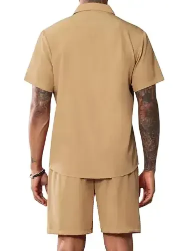 LecGee Men Summer Casual Short Sets Solid Short Sleeve Pocket Button Down Shirt Elastic Shorts 2 Piece Outfits Tracksuit - 3