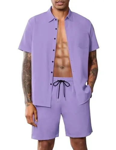 LecGee Men Summer Casual Short Sets Solid Short Sleeve Pocket Button Down Shirt Elastic Shorts 2 Piece Outfits Tracksuit - LECGEE