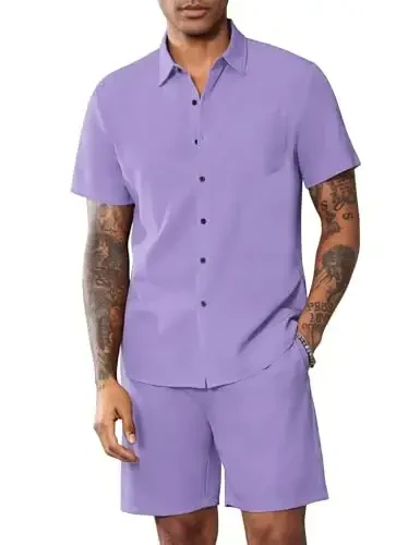 LecGee Men Summer Casual Short Sets Solid Short Sleeve Pocket Button Down Shirt Elastic Shorts 2 Piece Outfits Tracksuit - 2