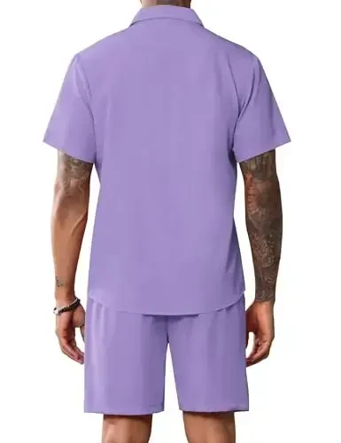 LecGee Men Summer Casual Short Sets Solid Short Sleeve Pocket Button Down Shirt Elastic Shorts 2 Piece Outfits Tracksuit - 3