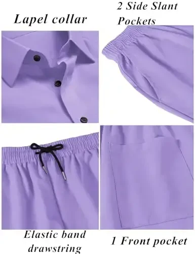 LecGee Men Summer Casual Short Sets Solid Short Sleeve Pocket Button Down Shirt Elastic Shorts 2 Piece Outfits Tracksuit - 5