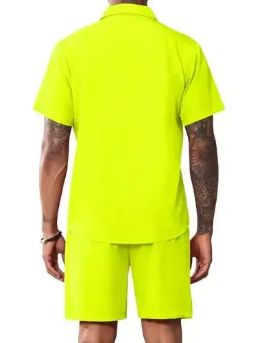 LecGee Men Summer Casual Short Sets Solid Short Sleeve Pocket Button Down Shirt Elastic Shorts 2 Piece Outfits Tracksuit - 3