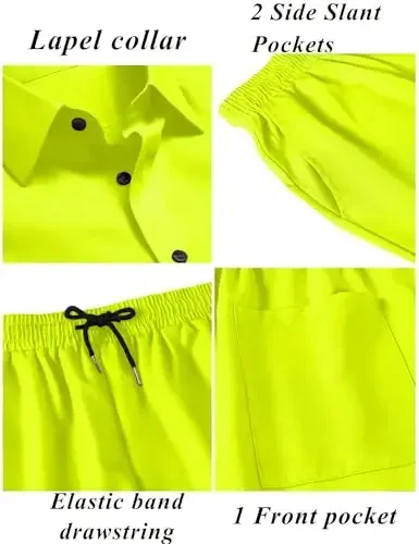 LecGee Men Summer Casual Short Sets Solid Short Sleeve Pocket Button Down Shirt Elastic Shorts 2 Piece Outfits Tracksuit - 5