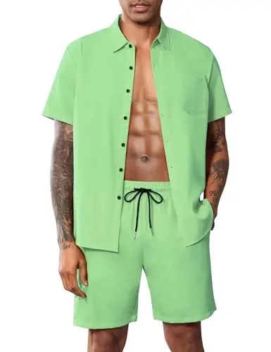 LecGee Men Summer Casual Short Sets Solid Short Sleeve Pocket Button Down Shirt Elastic Shorts 2 Piece Outfits Tracksuit - 1