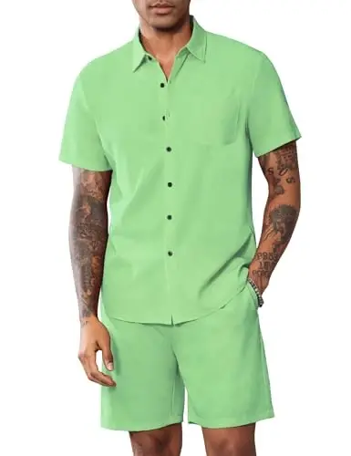 LecGee Men Summer Casual Short Sets Solid Short Sleeve Pocket Button Down Shirt Elastic Shorts 2 Piece Outfits Tracksuit - 2