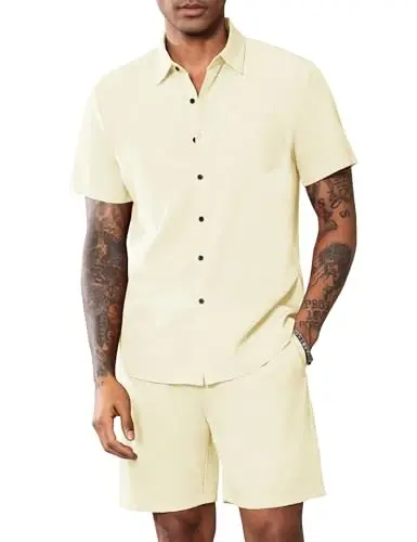 LecGee Men Summer Casual Short Sets Solid Short Sleeve Pocket Button Down Shirt Elastic Shorts 2 Piece Outfits Tracksuit - 2