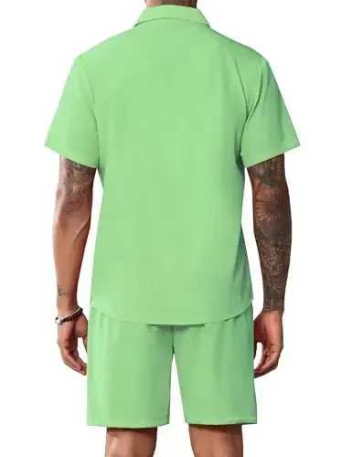 LecGee Men Summer Casual Short Sets Solid Short Sleeve Pocket Button Down Shirt Elastic Shorts 2 Piece Outfits Tracksuit - 3