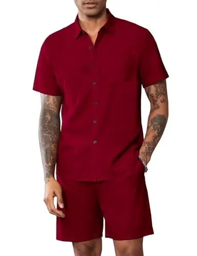 LecGee Men Summer Casual Short Sets Solid Short Sleeve Pocket Button Down Shirt Elastic Shorts 2 Piece Outfits Tracksuit - 2