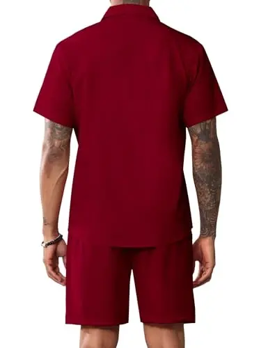 LecGee Men Summer Casual Short Sets Solid Short Sleeve Pocket Button Down Shirt Elastic Shorts 2 Piece Outfits Tracksuit - 3
