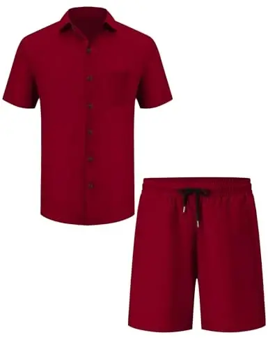LecGee Men Summer Casual Short Sets Solid Short Sleeve Pocket Button Down Shirt Elastic Shorts 2 Piece Outfits Tracksuit - 4