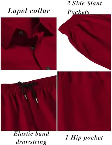 LecGee Men Summer Casual Short Sets Solid Short Sleeve Pocket Button Down Shirt Elastic Shorts 2 Piece Outfits Tracksuit 