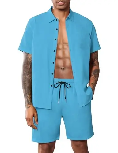 LecGee Men Summer Casual Short Sets Solid Short Sleeve Pocket Button Down Shirt Elastic Shorts 2 Piece Outfits Tracksuit - LECGEE