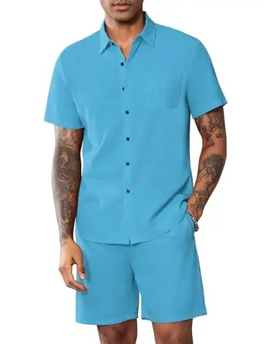 LecGee Men Summer Casual Short Sets Solid Short Sleeve Pocket Button Down Shirt Elastic Shorts 2 Piece Outfits Tracksuit - 2