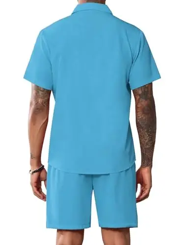 LecGee Men Summer Casual Short Sets Solid Short Sleeve Pocket Button Down Shirt Elastic Shorts 2 Piece Outfits Tracksuit - 3