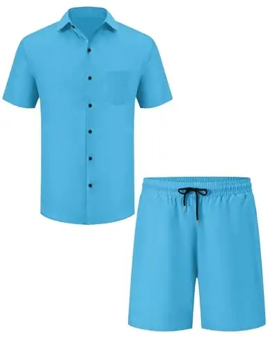LecGee Men Summer Casual Short Sets Solid Short Sleeve Pocket Button Down Shirt Elastic Shorts 2 Piece Outfits Tracksuit - 4