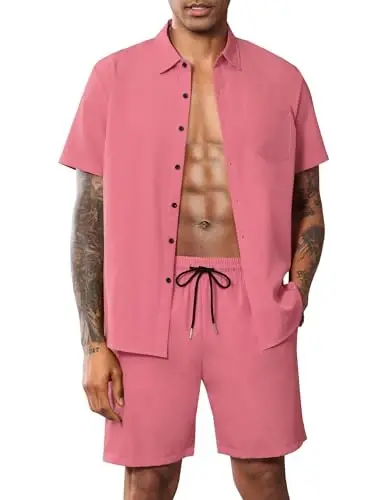LecGee Men Summer Casual Short Sets Solid Short Sleeve Pocket Button Down Shirt Elastic Shorts 2 Piece Outfits Tracksuit - LECGEE