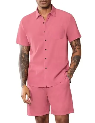 LecGee Men Summer Casual Short Sets Solid Short Sleeve Pocket Button Down Shirt Elastic Shorts 2 Piece Outfits Tracksuit - 2