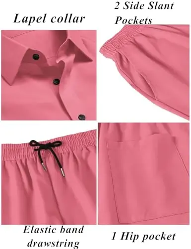 LecGee Men Summer Casual Short Sets Solid Short Sleeve Pocket Button Down Shirt Elastic Shorts 2 Piece Outfits Tracksuit - 3