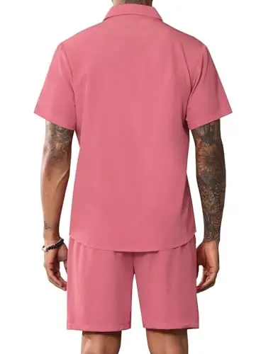 LecGee Men Summer Casual Short Sets Solid Short Sleeve Pocket Button Down Shirt Elastic Shorts 2 Piece Outfits Tracksuit - 4