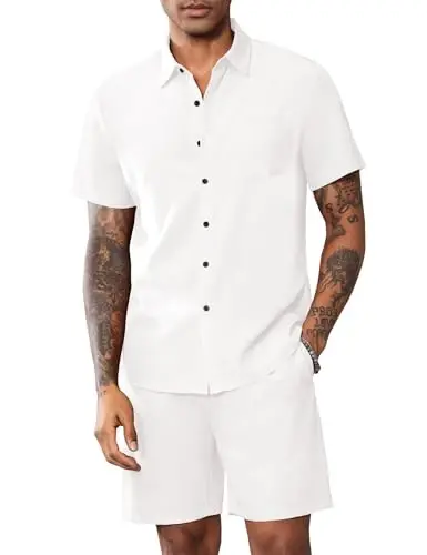 LecGee Men Summer Casual Short Sets Solid Short Sleeve Pocket Button Down Shirt Elastic Shorts 2 Piece Outfits Tracksuit - LECGEE (1)