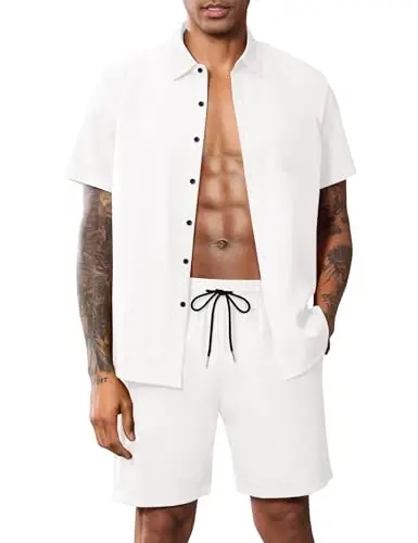 LecGee Men Summer Casual Short Sets Solid Short Sleeve Pocket Button Down Shirt Elastic Shorts 2 Piece Outfits Tracksuit - 1