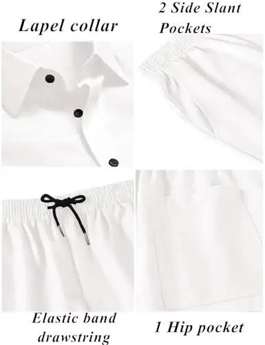 LecGee Men Summer Casual Short Sets Solid Short Sleeve Pocket Button Down Shirt Elastic Shorts 2 Piece Outfits Tracksuit - 3