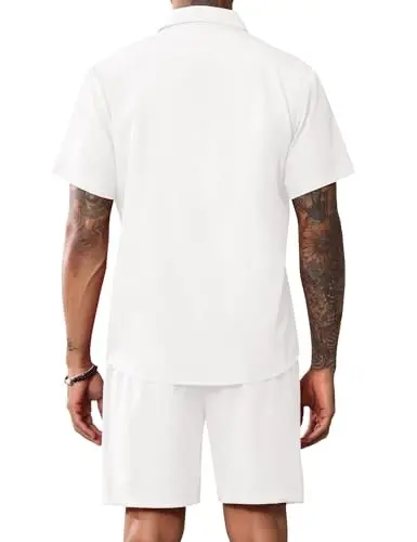 LecGee Men Summer Casual Short Sets Solid Short Sleeve Pocket Button Down Shirt Elastic Shorts 2 Piece Outfits Tracksuit - 4