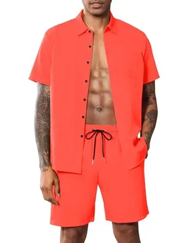 LecGee Men Summer Casual Short Sets Solid Short Sleeve Pocket Button Down Shirt Elastic Shorts 2 Piece Outfits Tracksuit - LECGEE