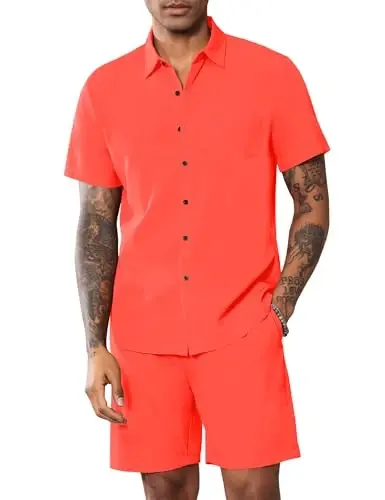 LecGee Men Summer Casual Short Sets Solid Short Sleeve Pocket Button Down Shirt Elastic Shorts 2 Piece Outfits Tracksuit - LECGEE (1)